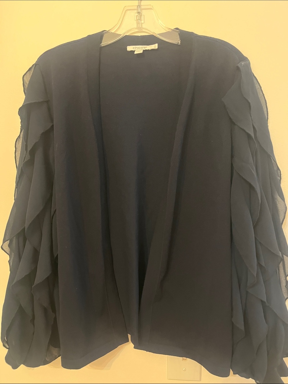 Chico's Navy Open-Front Ruffle-Sleeve Cardigan 1 (size 8)